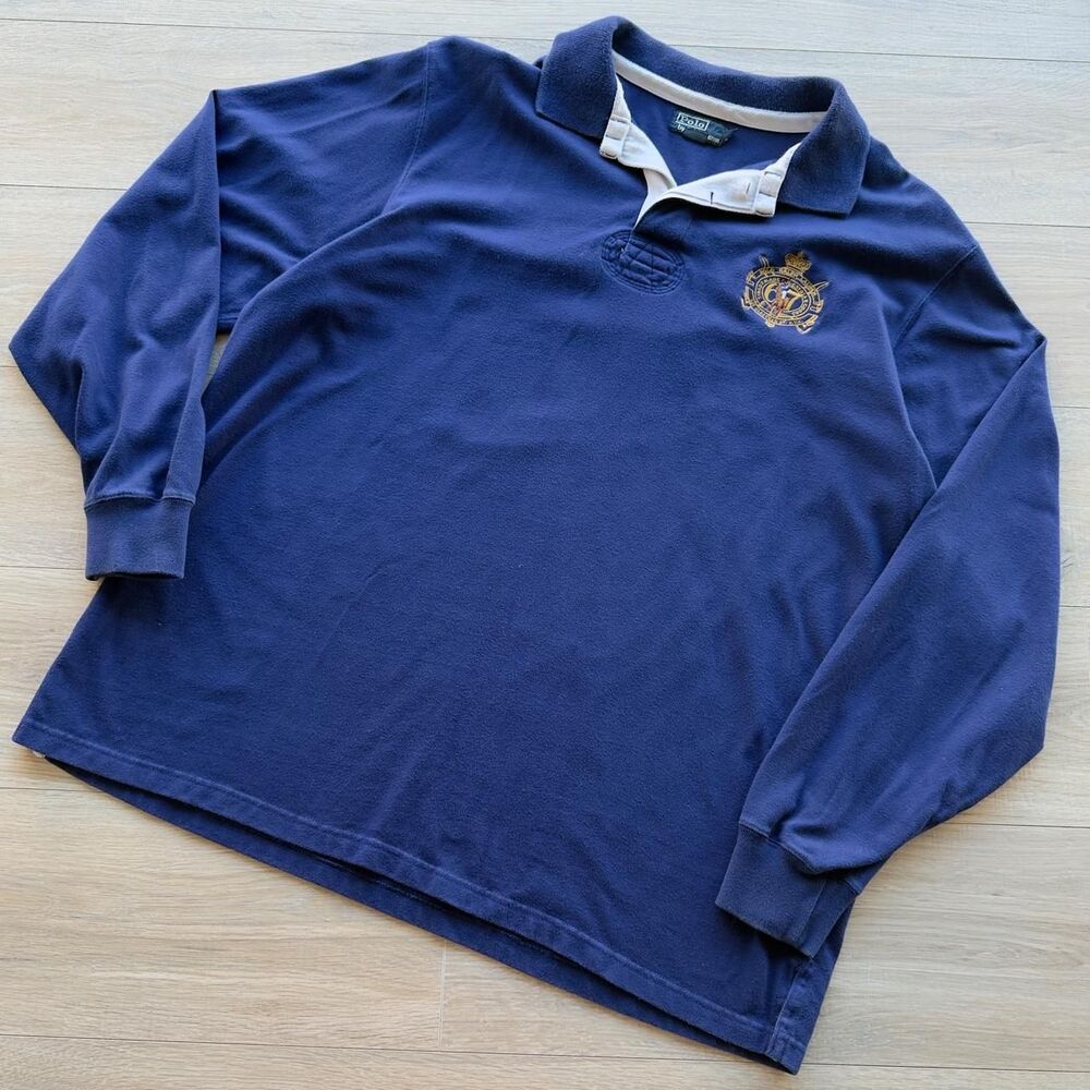 Polo Ralph Lauren Men's Blue Cotton Long Sleeve Polo Shirt 2XL Tall Rugby Lad